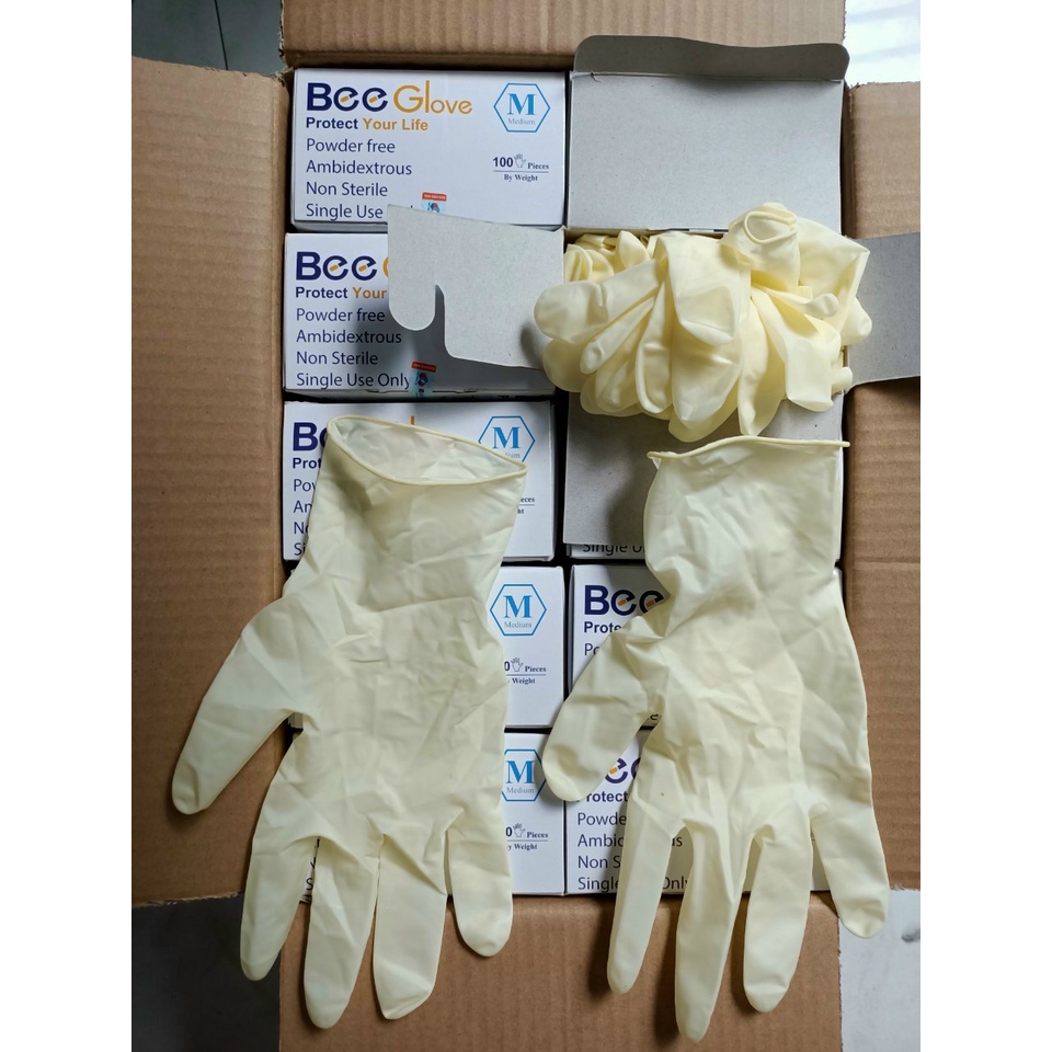 Găng Tay Cao Su Y Tế Latex Không Bột Bee Gloves Màu Kem Size S/M Co Dãn Dẻo Dai An Toàn Khi Sử Dụng