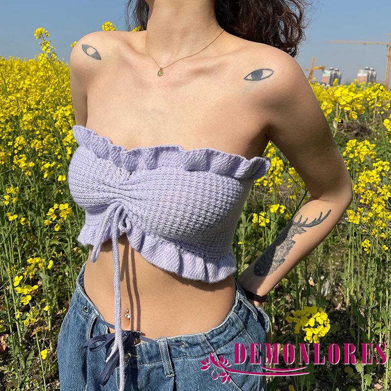 Áo ống quây có dây buộc màu trơn diềm bèo xếp nếp phong cách mùa hè cho nữ