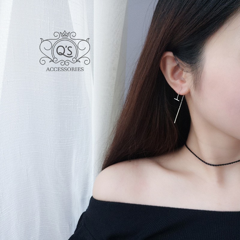 Khuyên tai bạc dáng dài chữ T bông tai nữ dài hình học thanh ngang S925 T-shaped Silver Earrings QA SILVER EA190704