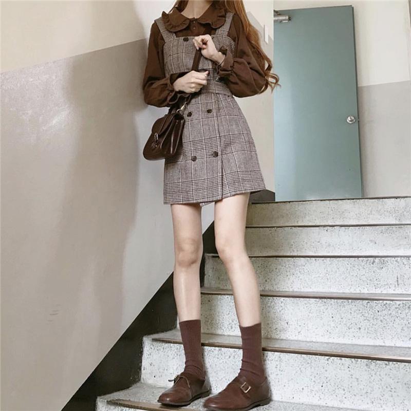 Autumn and Winter New Academy Style Age Reducing Design Shirt Plaid Strap Dress Small Two Piece Suit