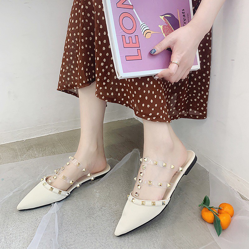 Women's Flat Pointed Toe Outer Wear Baotou Studded Half Slippers