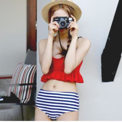 Đồ Bơi, Bikini 2 Mảnh Bèo Đỏ Quần Sọc SAVVY Thời Trang Hàn Quốc Đẹp