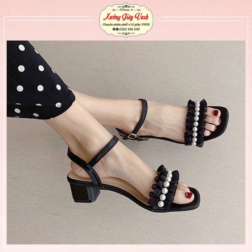 Sandal cao gót 5 phân đính ngọc trắng Thiên Hương xưởng giày VNXK BP13HH34 Giày cao gót nữ 5p cm đế vuông