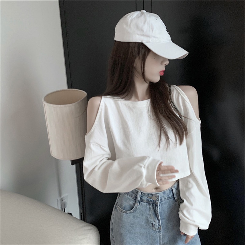 Áo Croptop Aimeehouse Áo thun nữ Tay Dài Trễ Vai Quyến rũ hàng Quảng Châu