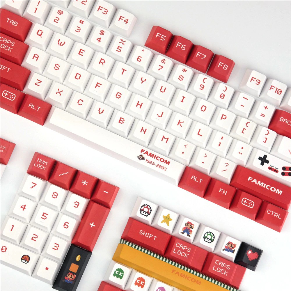 Keycap Mario Famicom 129 nút phím chất liệu thick PBT, Cherry profile, in dyesub 5 mặt vừa hầu hết các layout phím cơ