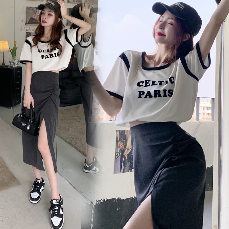 Bộ Áo Thun Ngắn Tay Ghép Màu Phối Chân Váy Dài Trung Bình Thời Trang Mùa Hè Cho Nữ