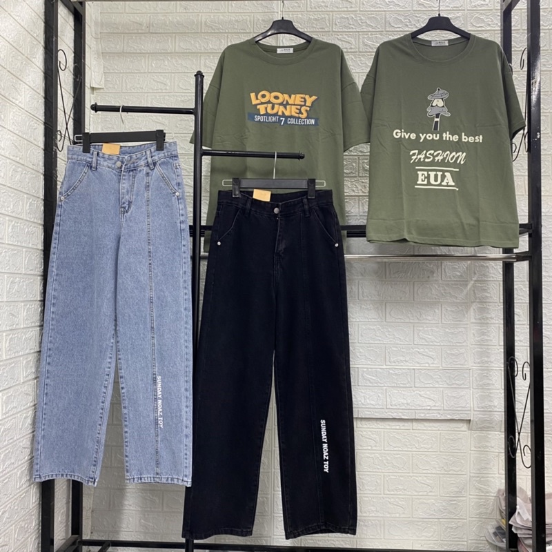 Quần jean ống xuông Unisex nam nữ có gân sọc giữa