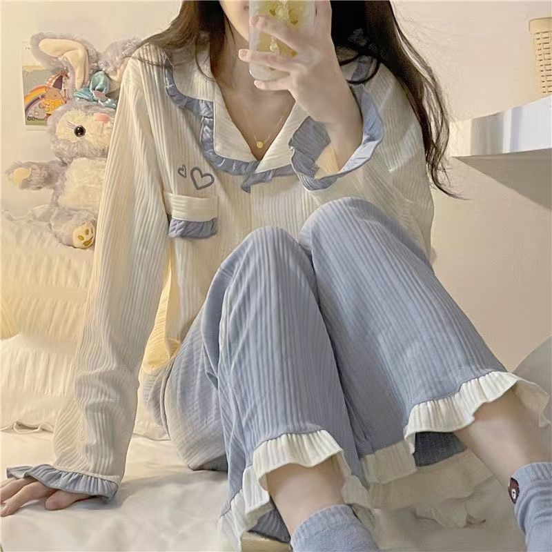 Bộ Đồ Ngủ Tay Dài Cổ Búp Bê In Họa Tiết Trái Tim Dễ Thương Thời Trang Xuân Thu Cho Nữ