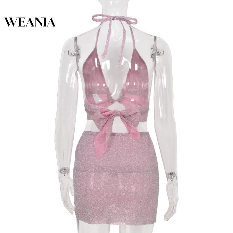 Set Áo Tank Top 2 Dây + Chân Váy Xẻ Tà Xuyên Thấu Lấp Lánh Gợi Cảm