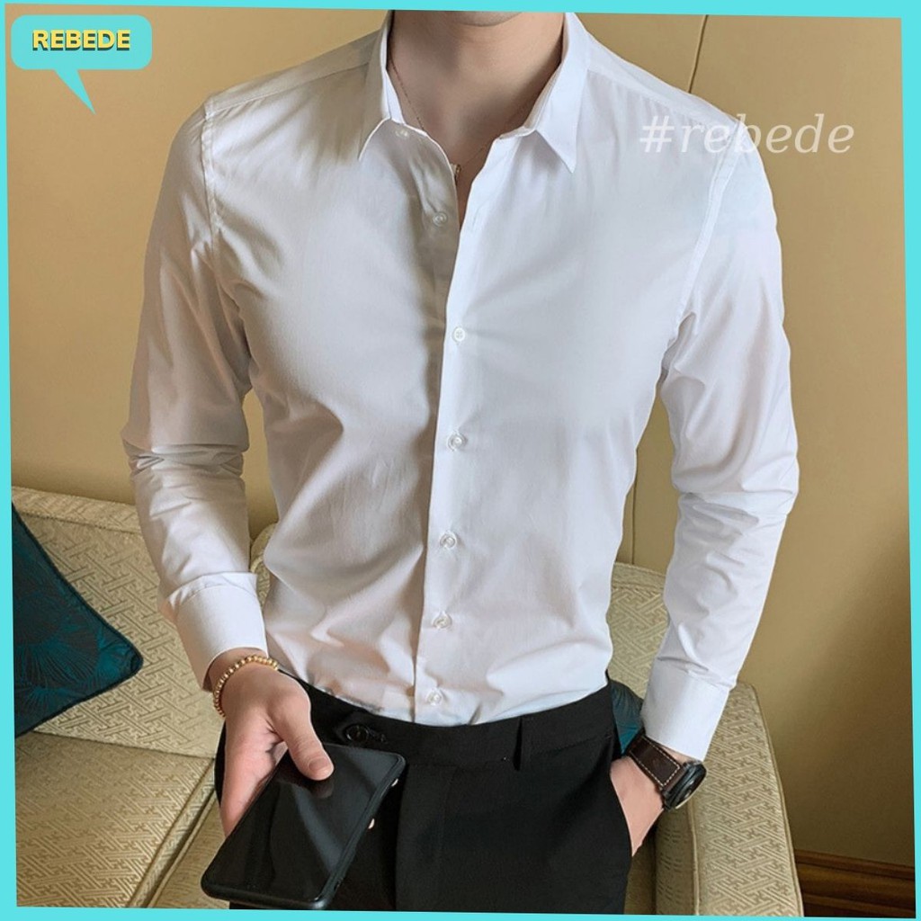 Áo sơ mi trắng nam cổ bẻ tay dài, Vải sơ mi lụa đẹp co giãn nhẹ kiểu trơn basic Rebede Shop - SML