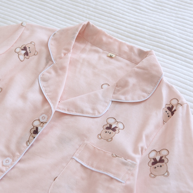 Bộ pyjama nữ vải xô Nhật hình gấu dễ thương, dáng ngắn