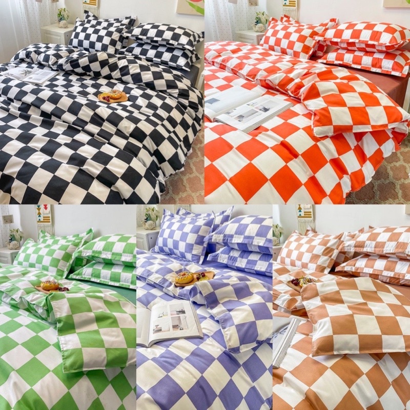 Bộ vỏ chăn ga gối hoa tiết kẻ ô bàn cờ có 5 màu-Chất liệu cotton poly-Set 4 món nhập khẩu