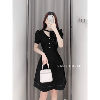 Váy cổ V diễu chỉ thắt nơ ngọt ngào thời trang nữ Calie House V343