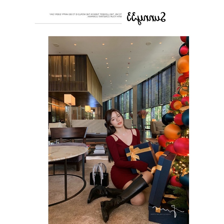 Đầm dự tiệc SUXI dài tay cổ chữ V dáng ôm phong cách Hàn Quốc thời trang mùa thu mới gợi cảm cho nữ