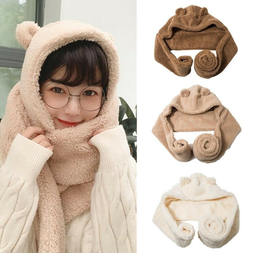 Mũ len kèm khăn choàng cổ hình gấu dễ thương cho nữ