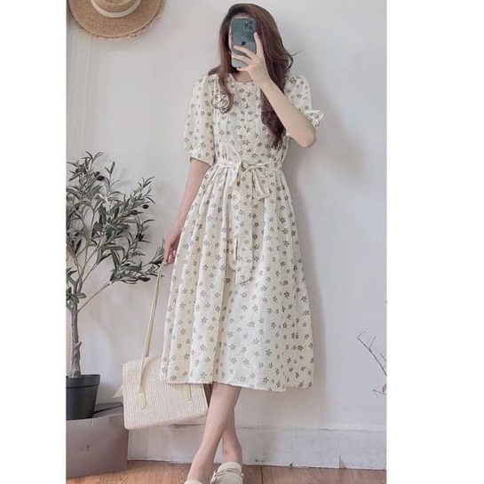 Váy Hoa Nhí Cổ Tròn Thắt Nơ Cài Cúc Dáng Dài Vintage, Đầm Hoa Nhí Cỏ 4 Lá Tay Bồng Ulzzang V105