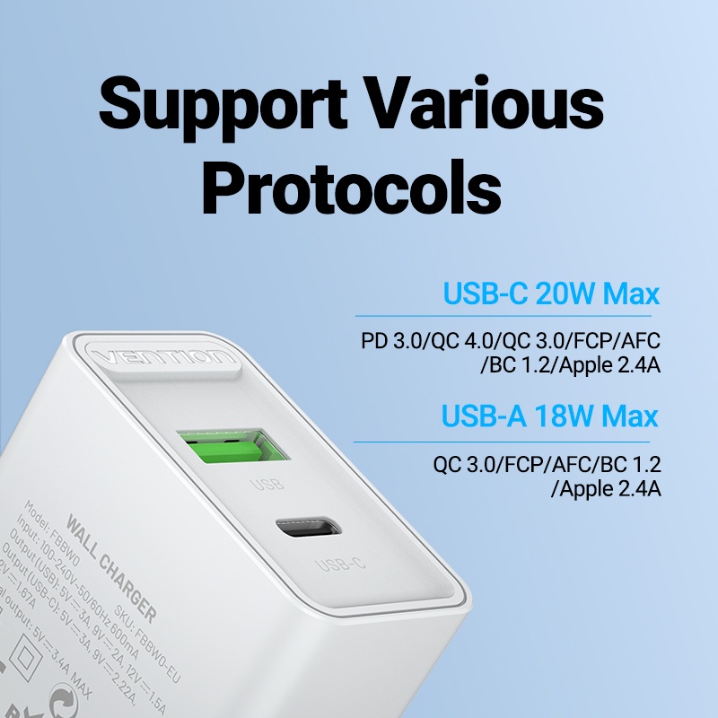 Cốc sạc nhanh Vention treo tường hai cổng USB A 18W USB C 20W PD3.0 QC3.0 cho Samsung