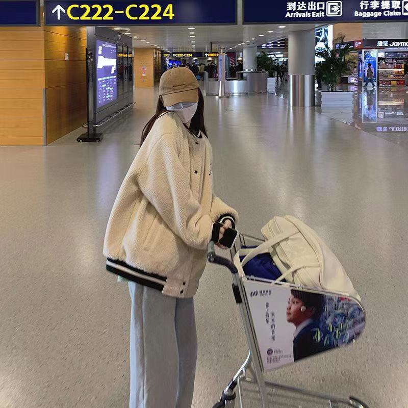 Áo Khoác Bóng Chày Giả Lông Cừu Dày Dặn Dáng Rộng Thời Trang Thu Đông Phong Cách Hàn Quốc Cho Nữ