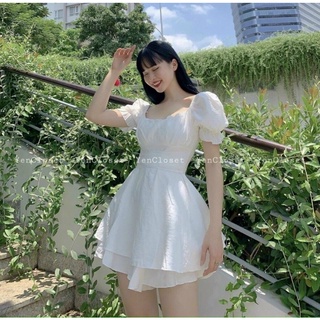 Đầm trắng xếp li cúp ngực cột eo bánh bèo