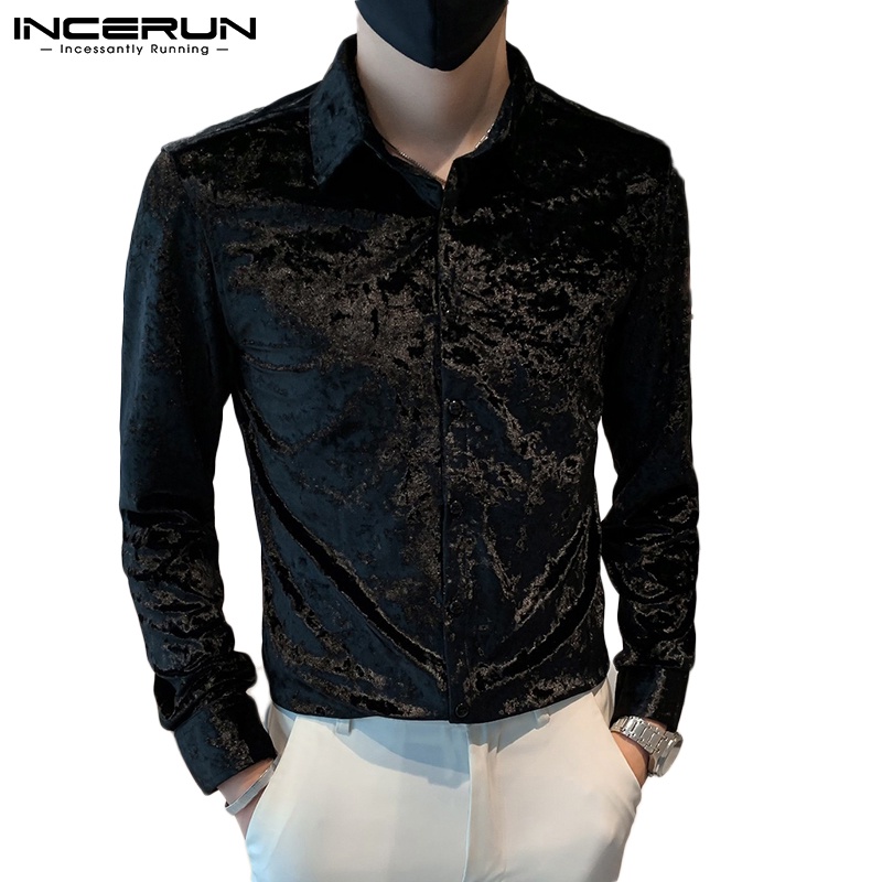 Áo sơ mi INCERUN vải nhung cổ bẻ tay dài thời trang xuân thu cho nam