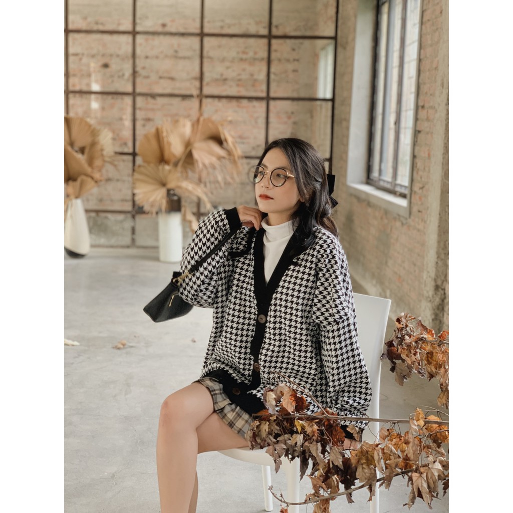 Áo cardigan nỉ dạ LOLLIE STUDIO TKJ11 họa tiết mắt cáo