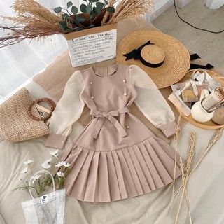 ĐẦM tay phối chân dập li kèm dây cột eo - 22.Lystore