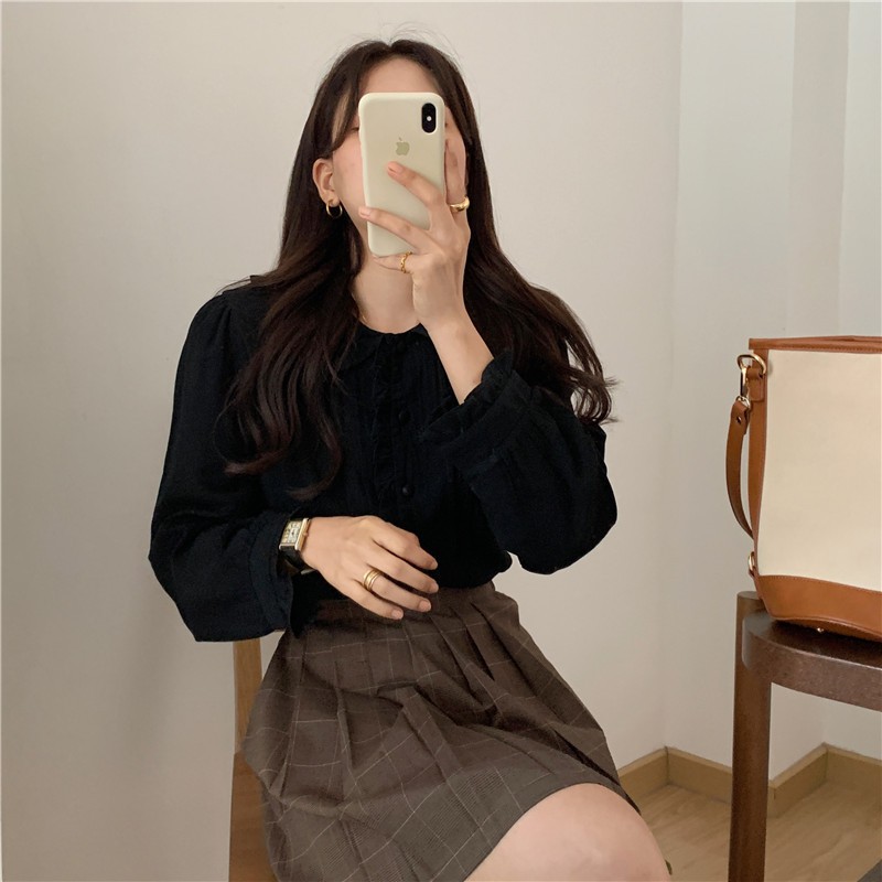 Áo Sơ Mi Nữ Form Rộng Tay Dài Phối Ren Phong Cách Hàn Quốc 40656