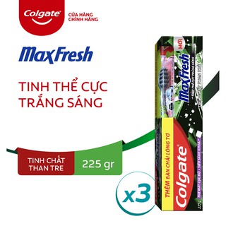 Bộ 3 Kem đánh răng Colgate Maxfresh Bamboo Charcoal 225g/ tuýp kèm bàn chải lông tơ phủ than