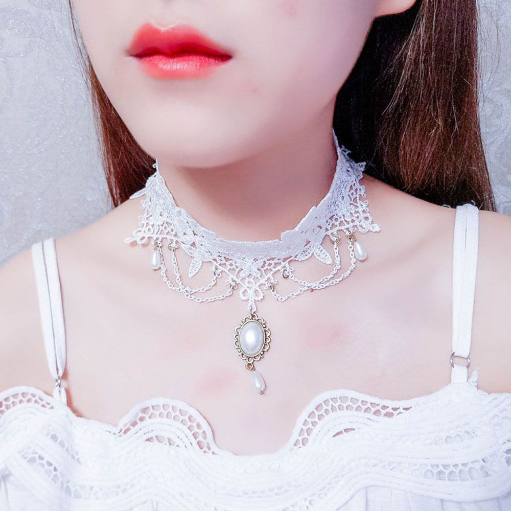 Vòng cổ choker phối ren đính ngọc trai thời trang cổ điển cho nữ