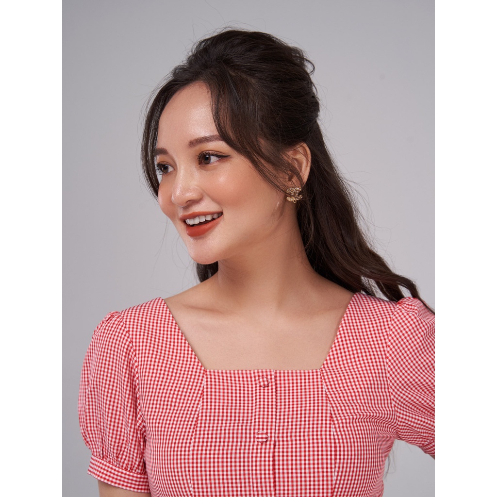 Áo sơ mi nữ YODY cổ vuông, áo peplum nữ tay phồng kẻ caro basic SCN5136