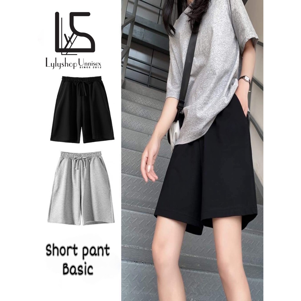 Quần short nam nữ LylyshopUnisex chất thun cotton ống rộng suông kiểu quần đùi basic lưng chun có dây rút, có size M,L