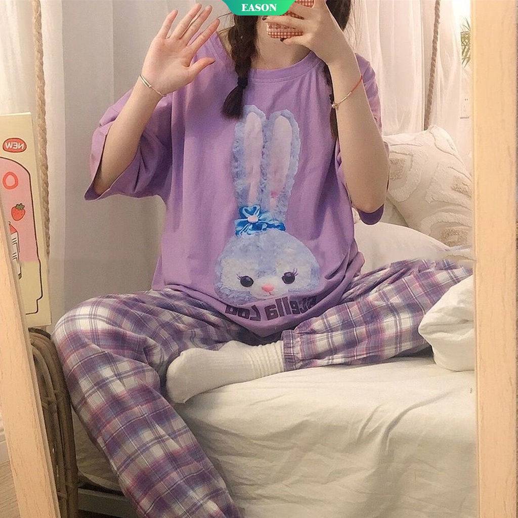 Bộ Đồ Ngủ Tay Ngắn In Hình Thỏ Stellalou Dễ Thương Thời Trang Mùa Hè