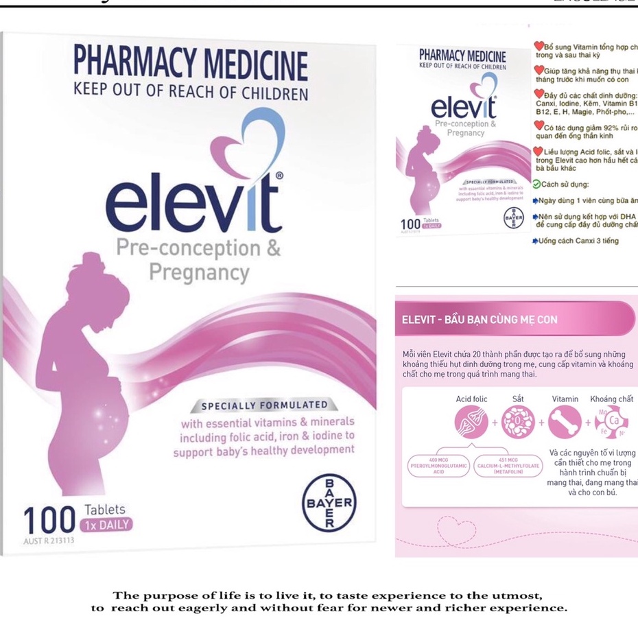 Viên Uống Bổ Sung Vitamin Tổng Hợp Dành Cho Bà Bầu Elevit Mẫu Mới 100 Viên, Hàng Chuẩn Úc (Bayer Australia)