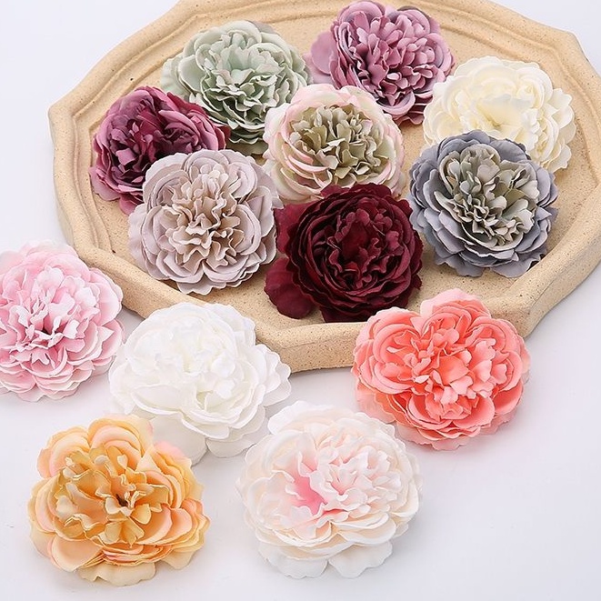 Đầu bông hồng trà lụa trang trí, trà mẫu đơn trang trí đầu bông 9cm