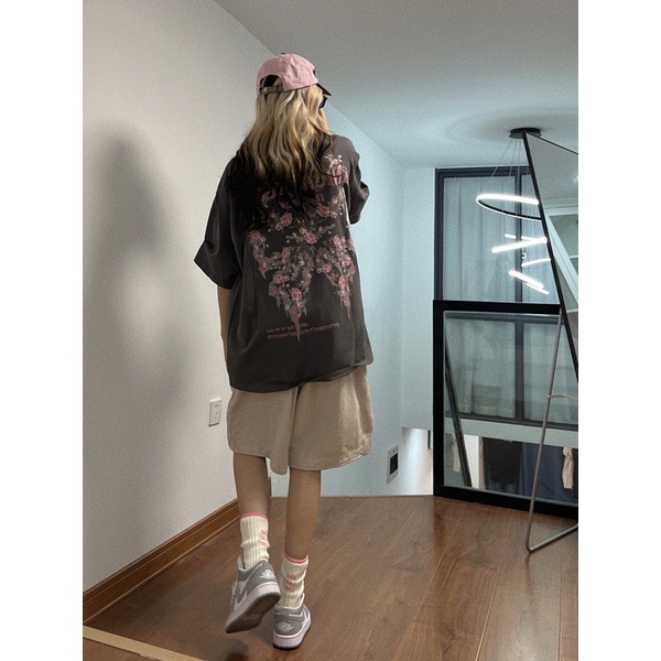 Áo thun XIAOZHAINV dáng rộng ngắn tay in họa tiết hoa và bướm phong cách retro cho nữ