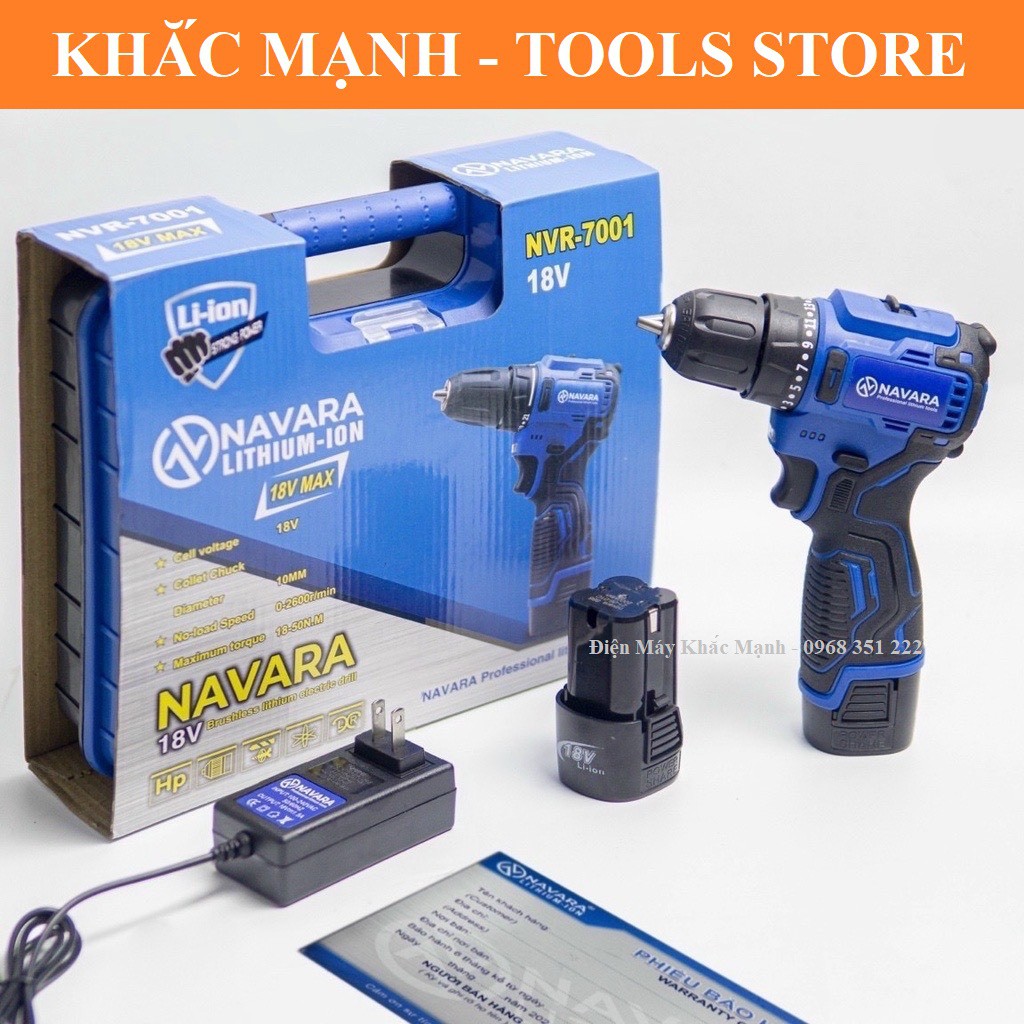 MÁY KHOAN PIN NAVARA NVR-7001 18V ĐỘNG CƠ KHÔNG CHỔI THAN, PIN 4 CELL