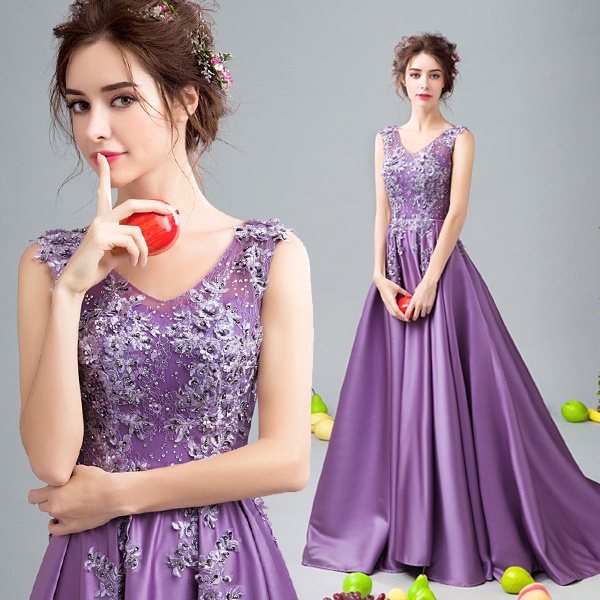 №✸▫Khí chất nổi bật và lãng mạn cô dâu màu tím váy cưới bánh mì nướng tiệc cưới tiệc cưới hàng năm bán buôn váy cưới 025