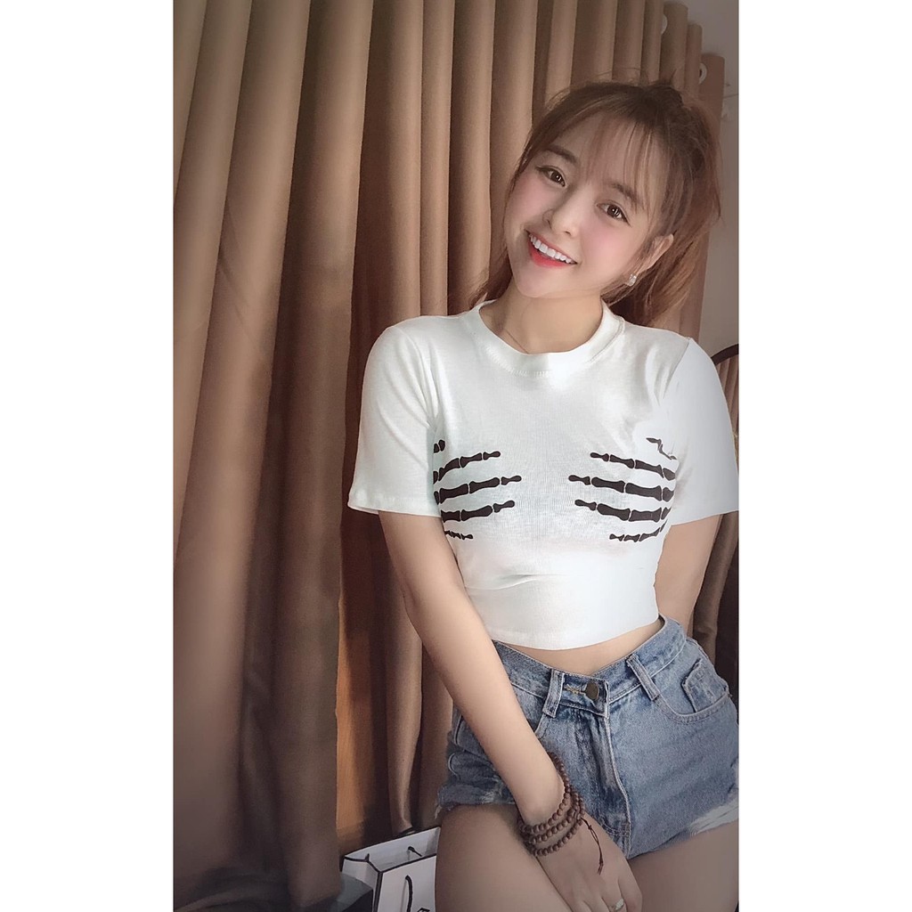 Áo Thun Croptop Phối Bàn Tay Xương Cá Tính EVA AO 10179