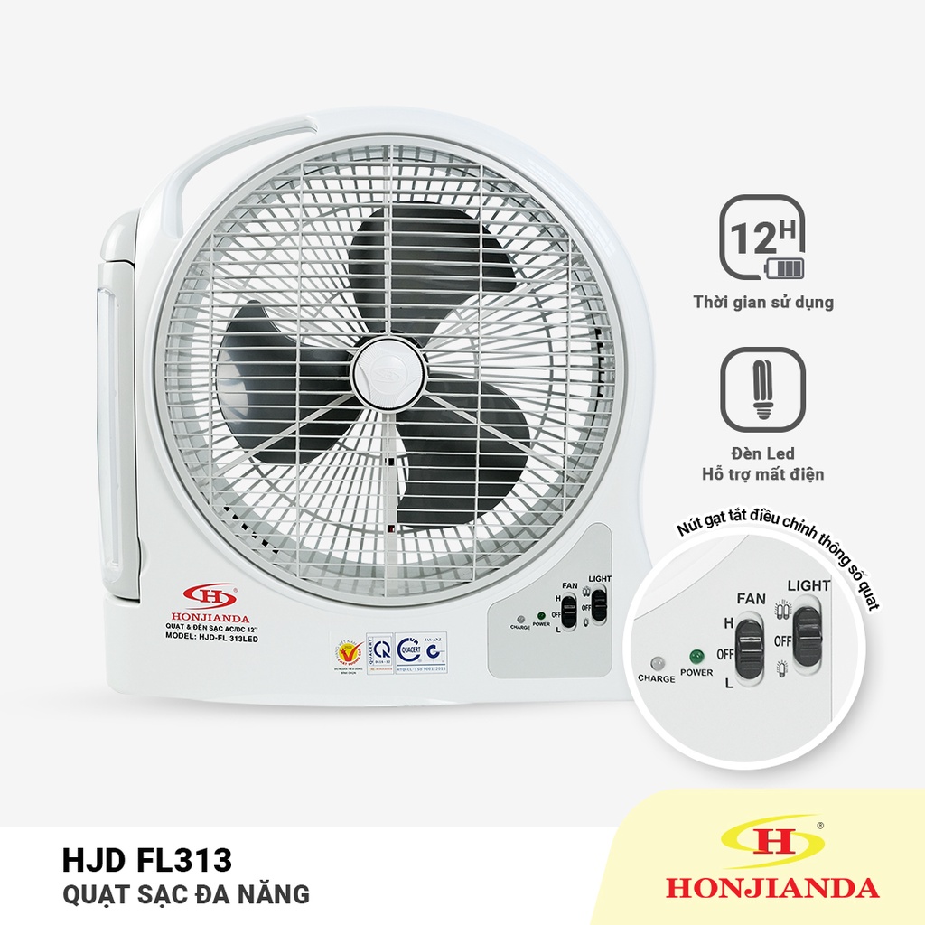 Quạt sạc tích điện dạng hộp AC&amp;DC 12 inch Honjianda FL323/FL313 1-2 bình - có đèn LED &amp; USB