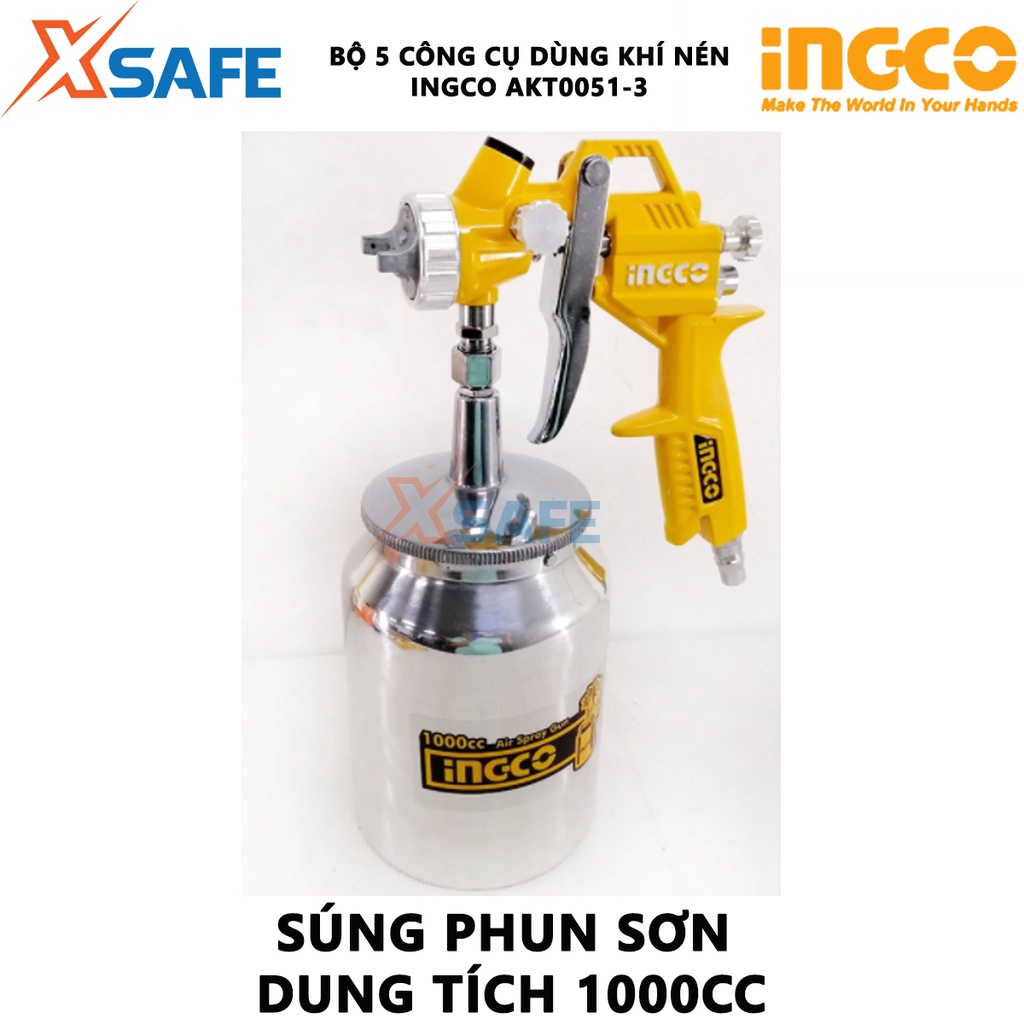 Bộ 5 công cụ dùng khí nén INGCO AKT0051-3 chất liệu cao cấp, chống chịu lực tốt, khớp nối kiểu Nhật Bản - chính hãng