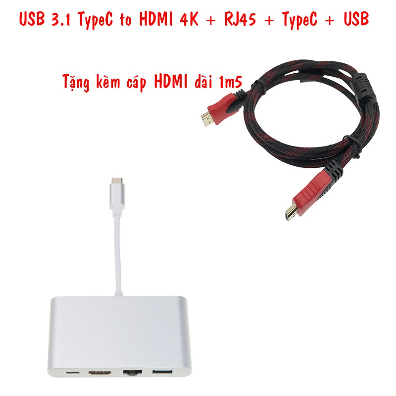 Bộ chuyển đổi USB TypeC 4 in 1 To HDMI 4k, USB, USB TypeC, Ethernet(RJ45 Port) tặng kèm cáp HDMI