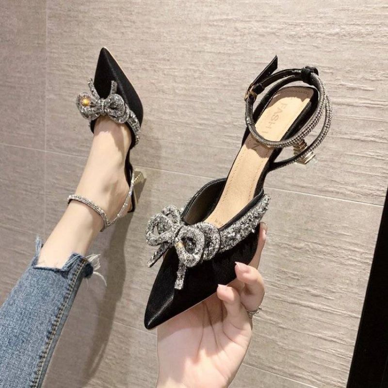 Women's Rhinestone Bow Half Slippers2021New High Heel Women's Shoes Stiletto Heel Fashion Closed Toe Sandals Summer