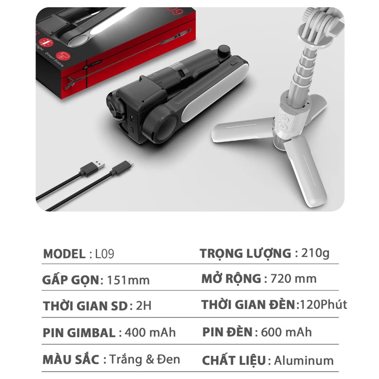 Gậy Tự Sướng Chống Rung L09 Có Đèn LED Kiểu Gimbal Tripod Dùng Cho Điện Thoại, Selfie Chụp Ảnh Bằng Remote Bluetooth 4.0
