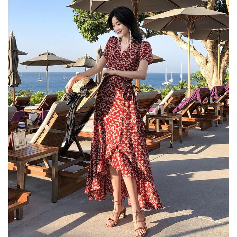 Đầm Maxi chất Chiffon tay ngắn hoạ tiết in thiết kế đáng yêu cho phái nữ | BigBuy360 - bigbuy360.vn