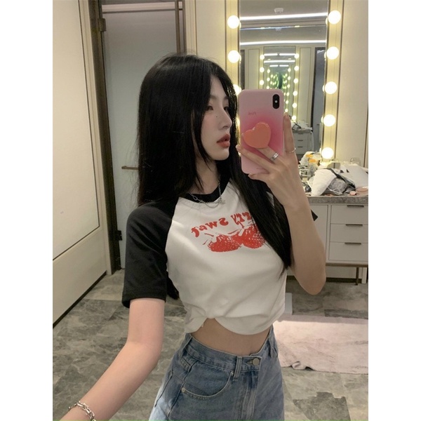 Áo thun croptop tay phối màu in hoạ tiết độc đáo gb alohashop91