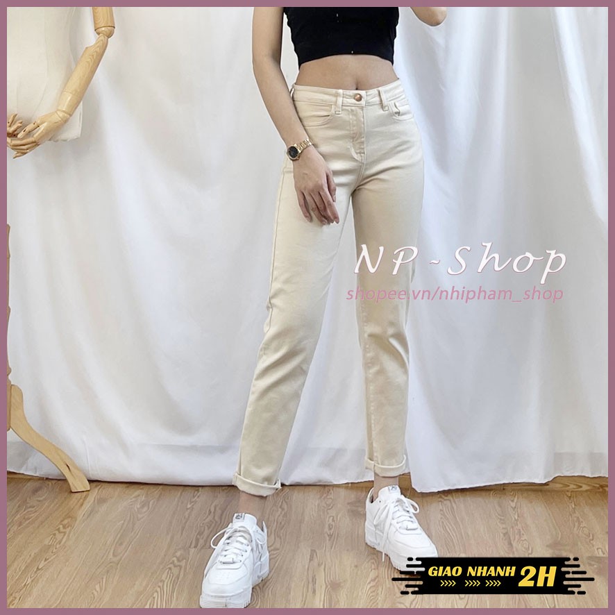 Quần baggy jean nữ lưng cao ngang rốn chất co giãn màu đen, be NP shop/quần bò boyfriend nữ