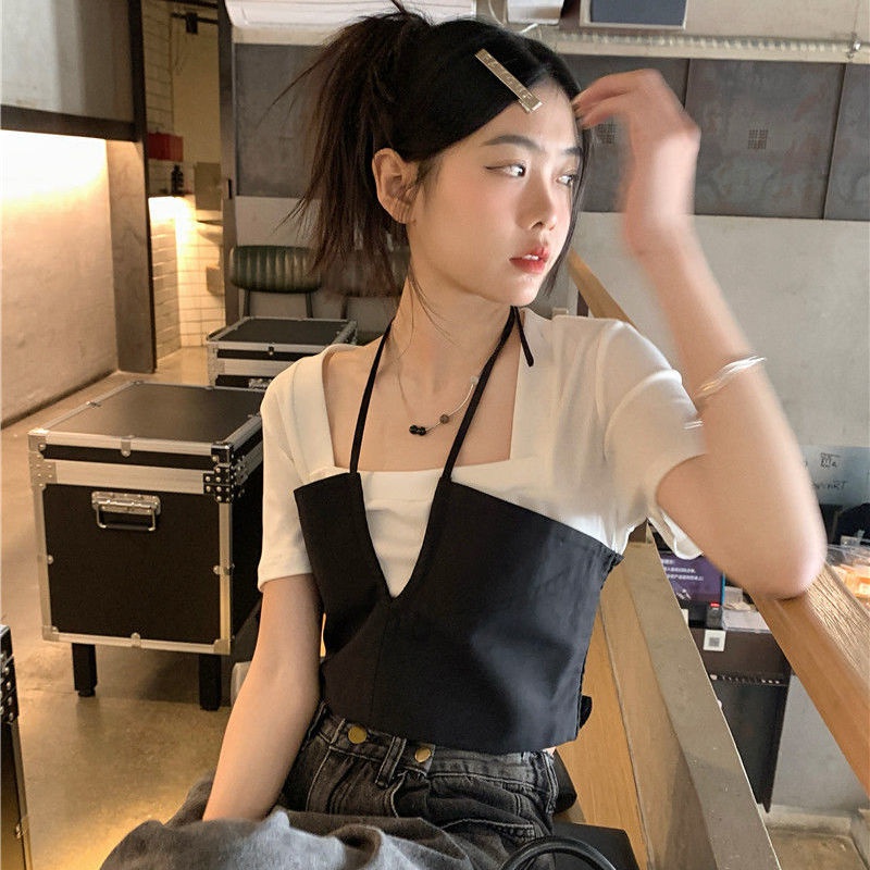ANTUSON Áo Thun Tay Ngắn Cổ Yếm Phong Cách Hàn Quốc Thời Trang Mùa Hè 2023 Cho Nữ