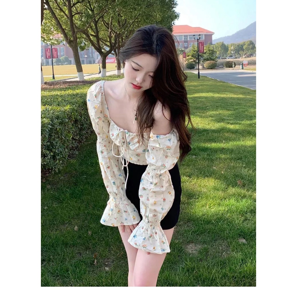 QKOOLE Áo kiểu cổ vuông họa tiết hoa phong cách Hàn Quốc xinh xắn dành cho nữ