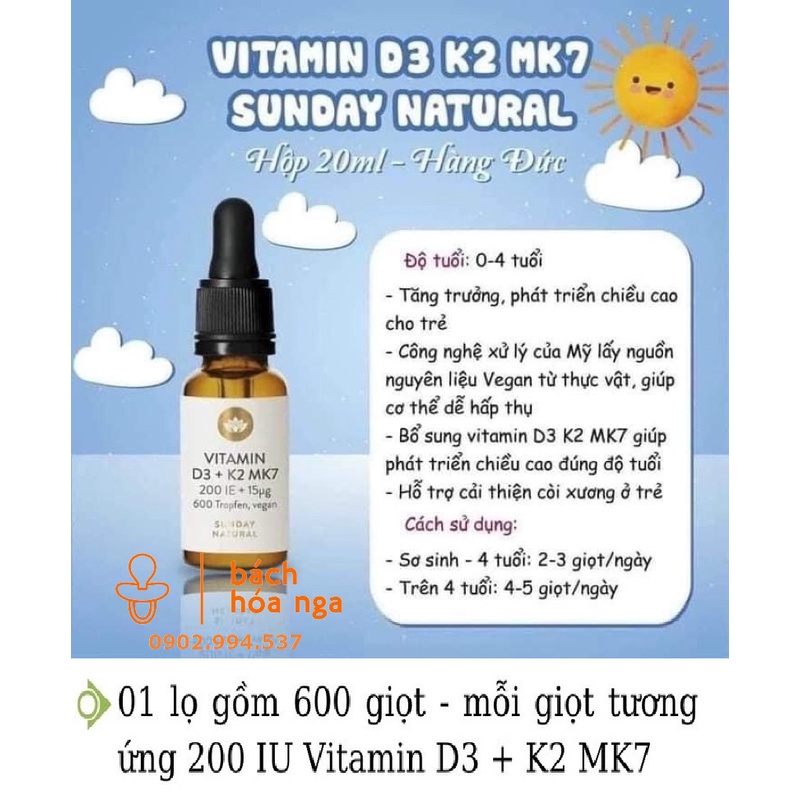 Vitamin D3 K2 MK7 Sunday Natural 20ml Giúp Hấp Thụ Canxi Phát Triển Chiều Cao Tối Đa Cho Bé