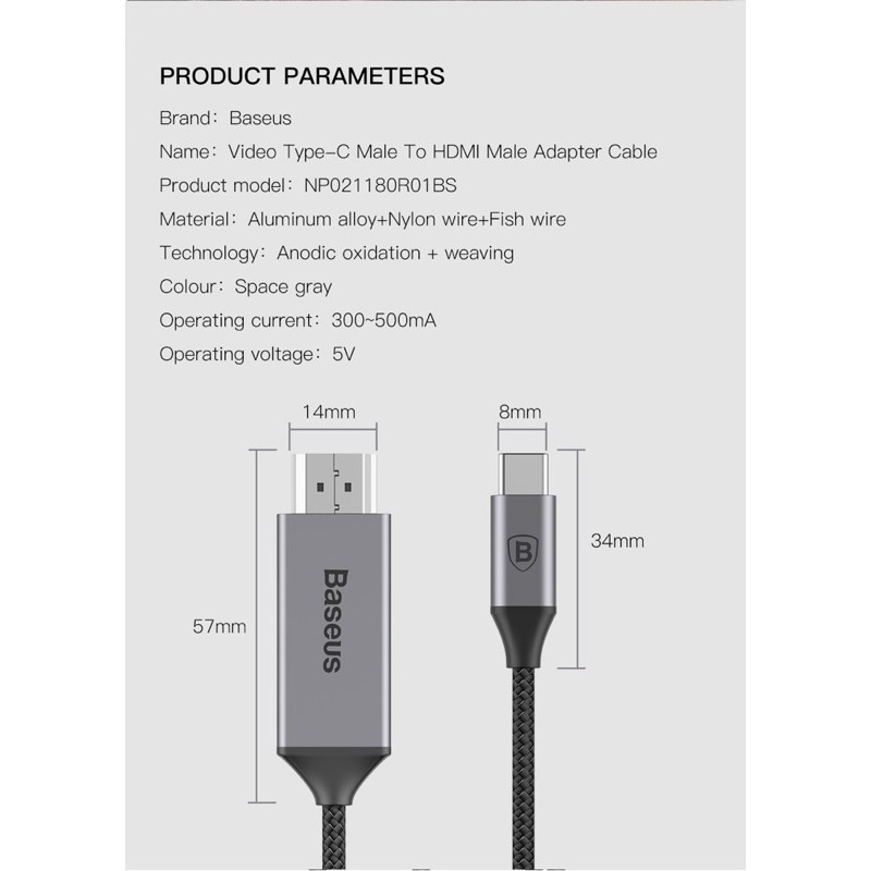 [Mã ELMS5 giảm 7% đơn 300K] Cáp Chuyển Type C Ra HDMI Baseus Dây Dù Cao Cấp Hỗ Trợ Video Lên Tới 4K 60Hz